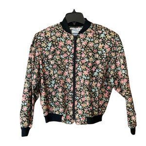 Vintage 80s A Paquette Black Floral Jacket Womens Sz M Shoulder Pads USA Made